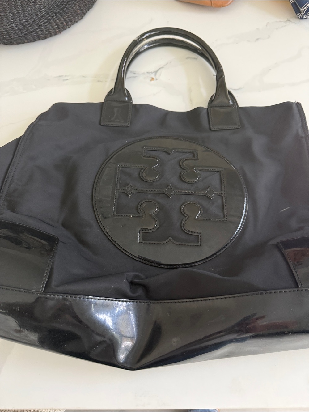 Tory Burch Black Nylon Tote with Patent Logo